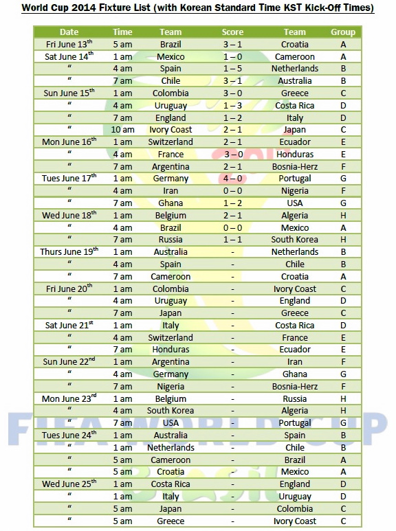 World Cup Fixtures Printout Updated June 18th